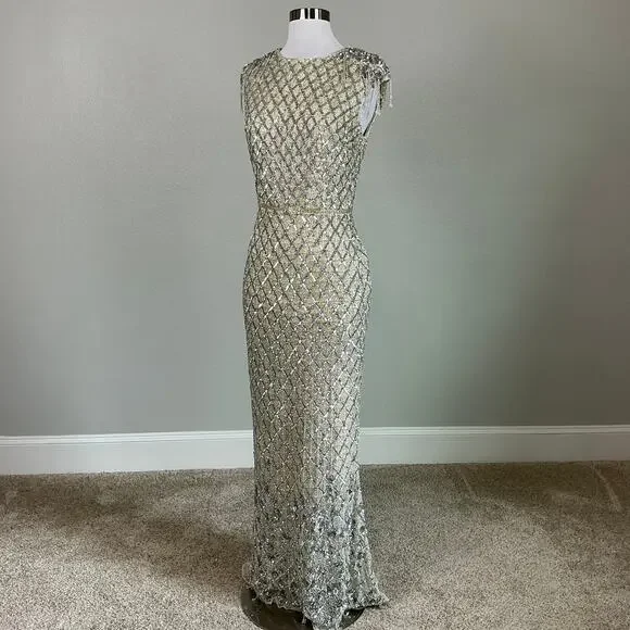 Mac Duggal Crystal Fringed Sequined Column Gown Silver and Gold Size 6 Dress - Picture 5 of 12